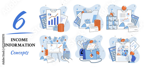 Income information vector set, business profitability indicator, entrepreneurial activity and accounting. Registration of claim form document, providing personal information, financial report