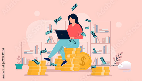 Woman making money - Person with laptop computer sitting on stack of coins earning high income while paper bills falling from above. Flat design vector illustration
