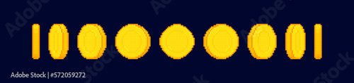 8-bit pixel art coin animation isolated on dark background. Pixel money animated frames. Gold coin design for gameing. Vector illustration