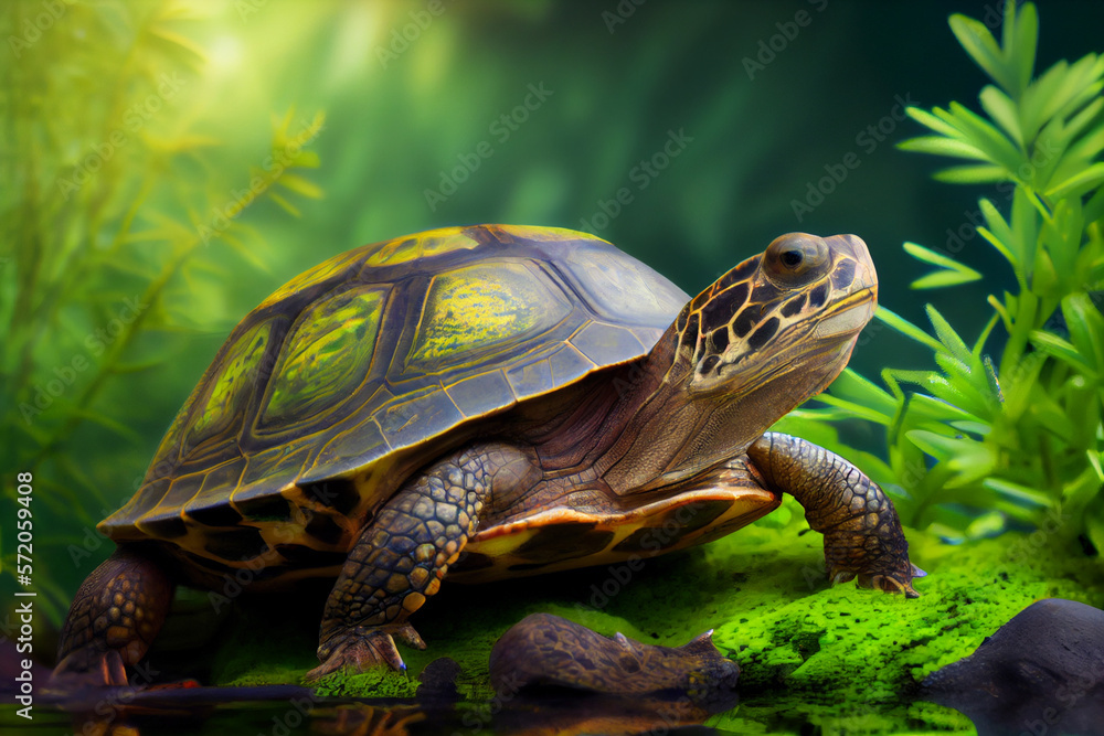 In aller Ruhe: Eine Schildkröte genießt das Grün - Generative Ai In aller Ruhe: Eine Schildkröte genießt das Grün - Generative Ai