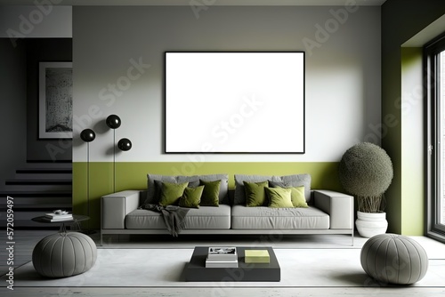 empty hanging picture frame in living room in modern and minimalism style decoration, blank white mock-up space for your photo or message,  green grey tone color room, Generative Ai