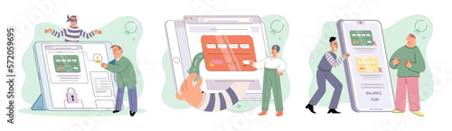 Hacker activity. Hacking computer. Phishing account, steal data, cyber attack. Stealing password. Cyber crime, theft personal information, cyber security spy access. Internet fraud scenes set metaphor