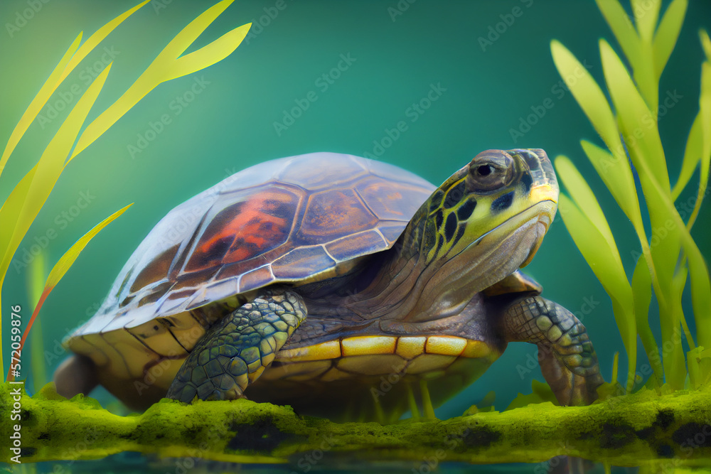 Obraz premium In aller Ruhe: Eine Schildkröte genießt das Grün - Generative Ai