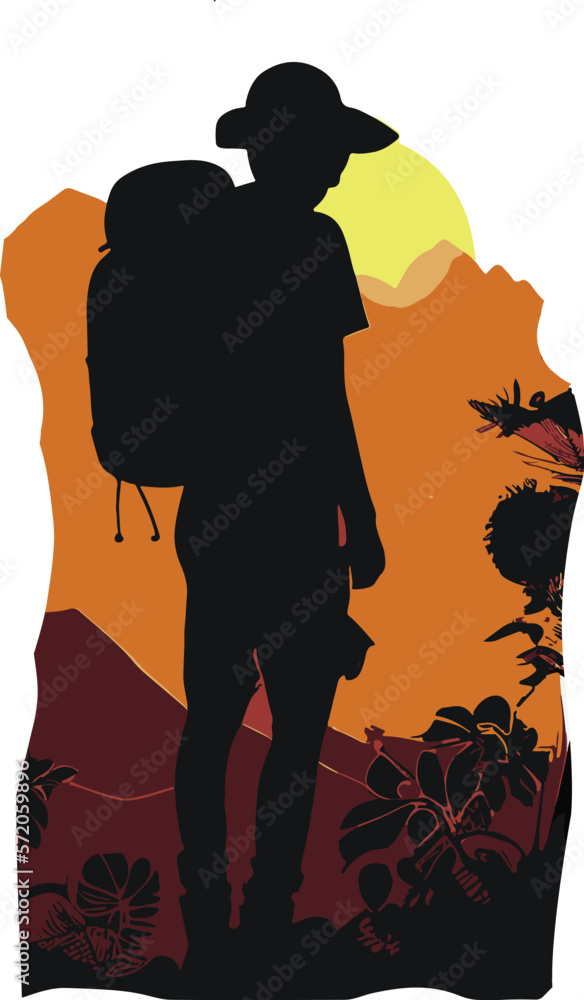 Silhouette of tourist against backdrop of mountains in setting sun..