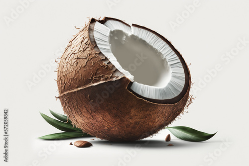 broken coconut on a white background. half a palm nut. ai generated photo