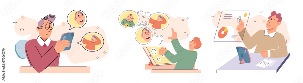 Children at home with phones and tablets set. Kids remote education, toddlers use smart technologies. Kids studying online, surfing social media, playing game, chatting by video call and use internet Children at home with phones and tablets set. Kids remote education, toddlers use smart technologies. Kids studying online, surfing social media, playing game, chatting by video call and use internet