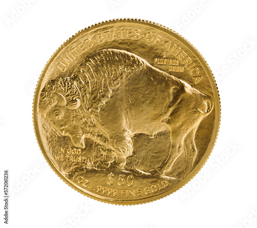 Reverse side of American Gold Buffalo coin on transparent background 