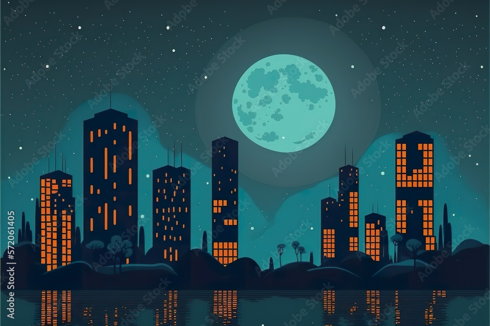 Night city flat illustration created with Generative AI 