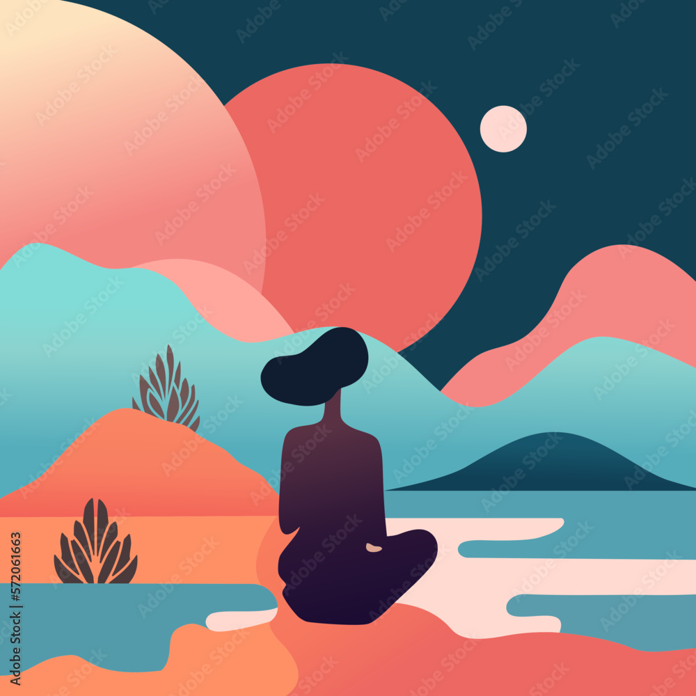 The girl relaxes against the background of the sunset and the planets. Flat design of a girl on a sunset background. Yoga at sunset. World of the future