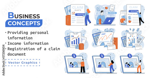 Registration of claim form register document, providing personal information, income information vector set. Employer form, earnings statement documents. Tax, financial and accounting reporting