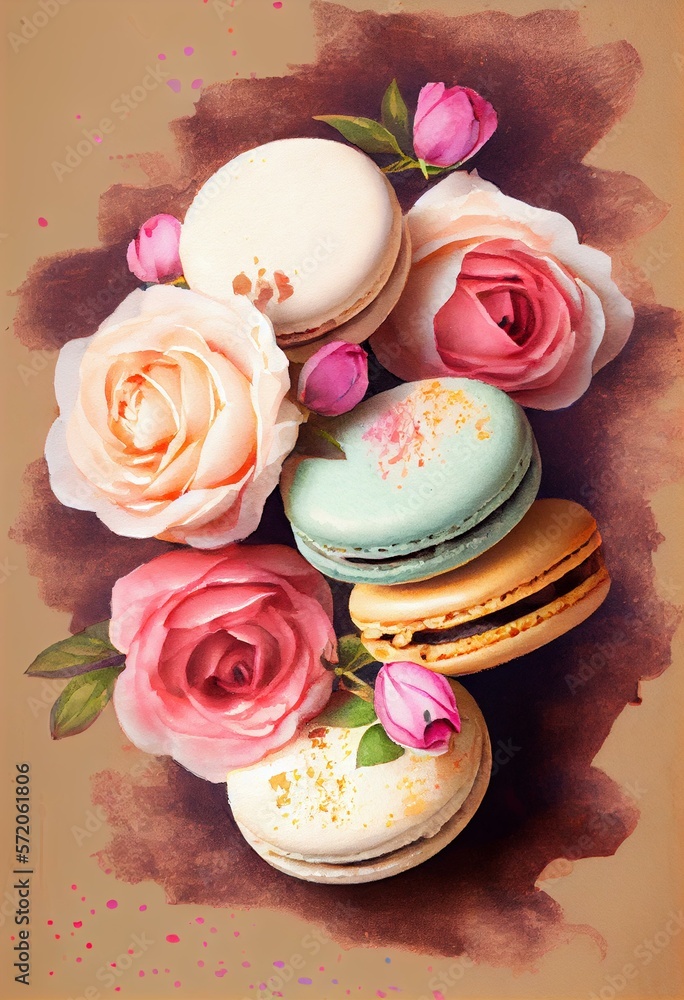 Tasty macaroons with beautiful roses on a brown background, watercolor style AI Generated Tasty macaroons with beautiful roses on a brown background, watercolor style AI Generated