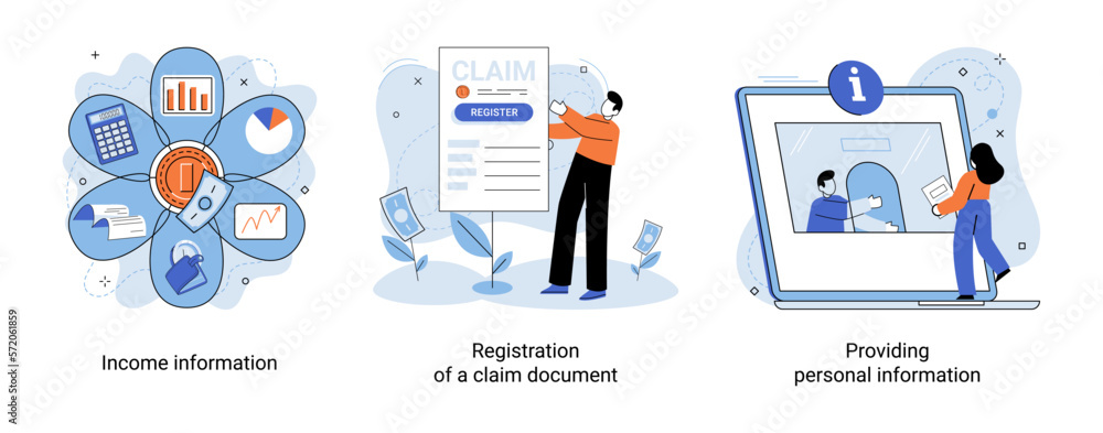 Registration of claim form register document, providing personal information, income information vector set. Employer form, earnings statement documents. Tax, financial and accounting reporting