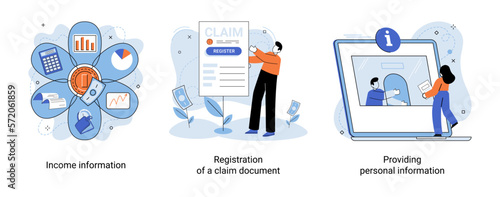 Registration of claim form register document, providing personal information, income information vector set. Employer form, earnings statement documents. Tax, financial and accounting reporting