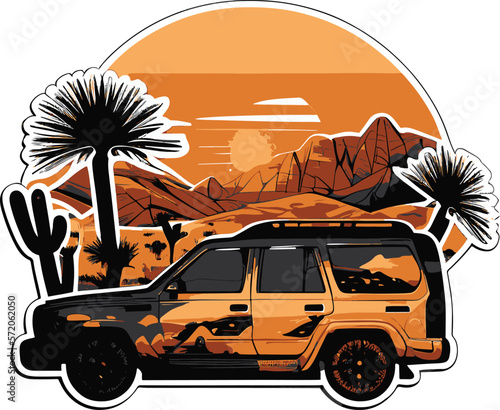 Vector image of SUV in desert. Silhouette at sunset, isolated from background..