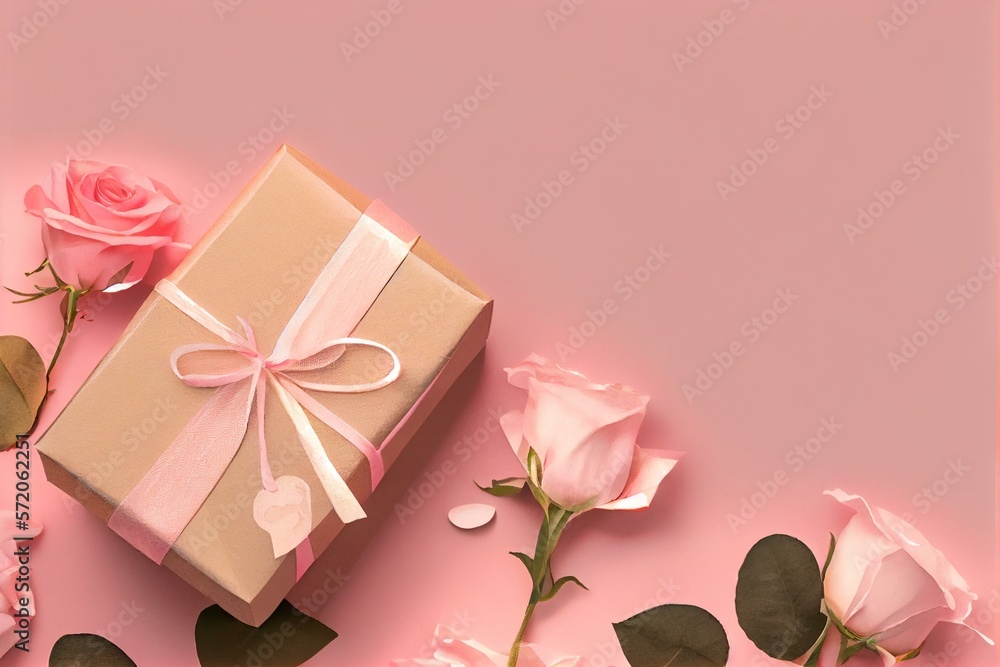 Valentine's Day design concept background with pink rose flower and wrapped kraft gift box on pink table background, watercolor style AI Generated Valentine's Day design concept background with pink rose flower and wrapped kraft gift box on pink table background, watercolor style AI Generated
