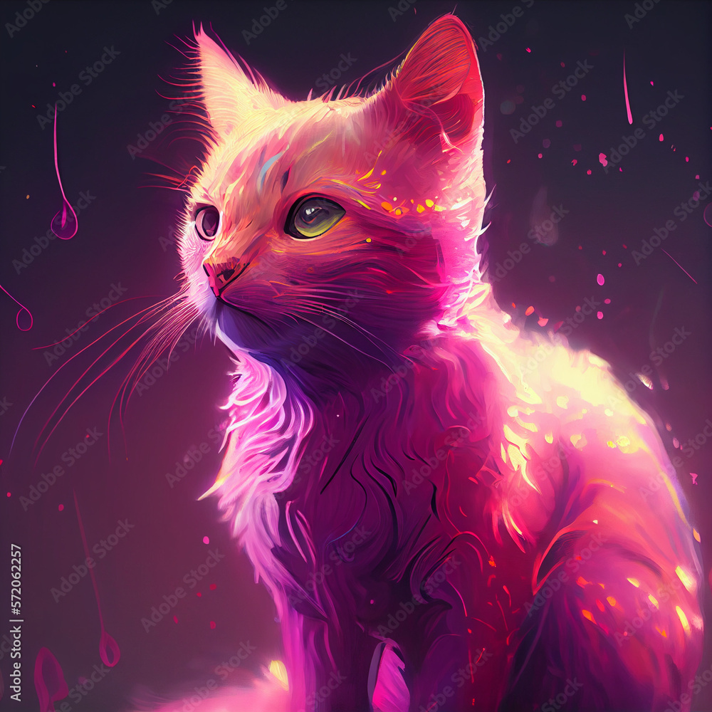 pink cat with neon light and focused view