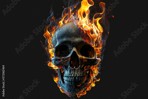 Human skull with flame. AI generated image.