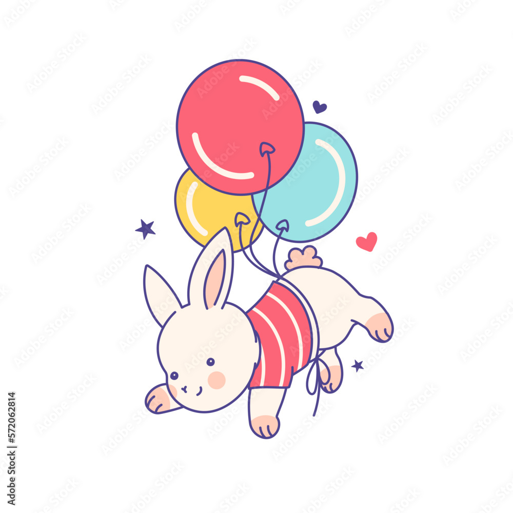 Fun cute character print, sticker with flying baby bunny. Adorable nursery t shirt, newborn design concept, kids Birthday, baby shower card decoration.Isolated drawn vector rabbit with balloons. Fun cute character print, sticker with flying baby bunny. Adorable nursery t shirt, newborn design concept, kids Birthday, baby shower card decoration.Isolated drawn vector rabbit with balloons.