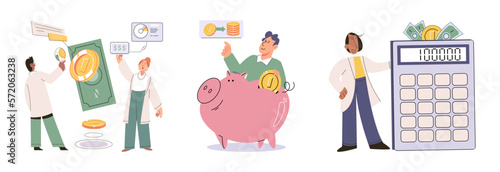 Set of people analyzing personal or corporate budget. Concept of finance accounting and calculation of financial income and expenses report. Financial consultant with document for tax computation