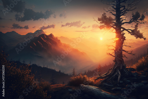 Smoky mountain sunset. Illustration Generative AI
