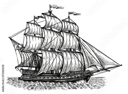 Retro ship sails on waves of sea. Sailboat sailing, side view. Vintage sketch engraved illustration