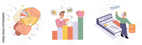 Set of people analyzing personal or corporate budget. Concept of finance accounting and calculation of financial income and expenses report. Financial consultant with document for tax computation