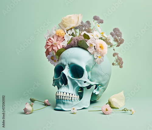 Human skull with flowers. AI generated image. photo