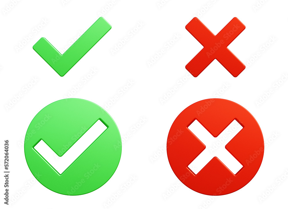 Green check mark and red cross three-dimensional symbols isolated on transparent background. 3D rendering Green check mark and red cross three-dimensional symbols isolated on transparent background. 3D rendering