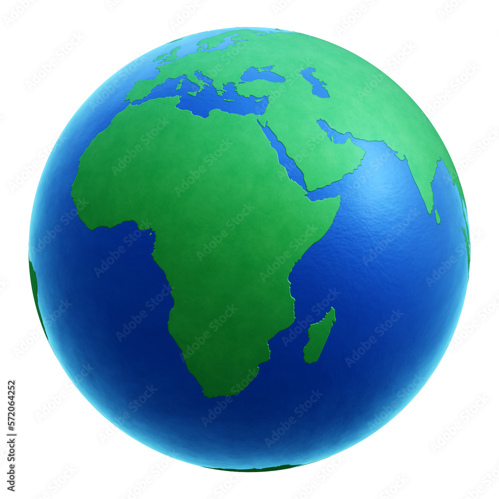 Fototapeta premium Stylized three-dimensional earth globe icon centered on Europe, Africa and the Middle East. 3D rendering isolated on transparent background