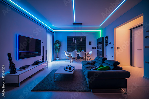 A modern and confortable living room illuminated by led strips - Generative AI photo