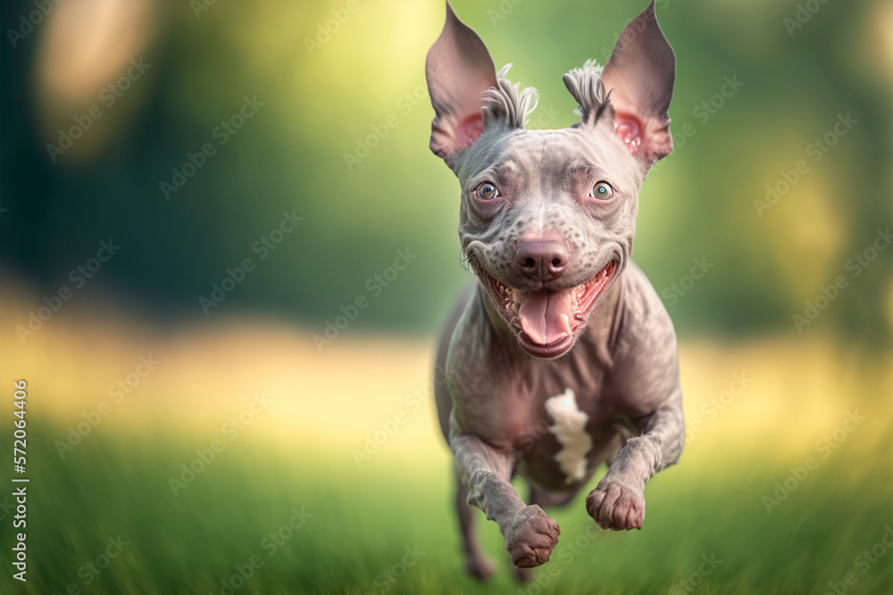 Cheerful dog American Hairless Terrier runs runs on green grass. Generative AI
