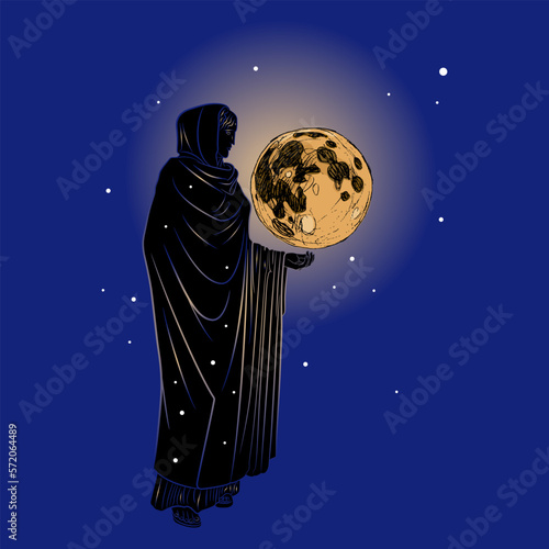Standing woman in long garment as starry night holding shining full moon. Goddess Nyx or Selene. Female lunar deity.