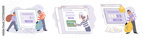 Criminals, burglars or crackers wearing black masks stealing personal information from computer. Concept of hacker internet activity or security hacking. Hacker cracks password on computer and phone