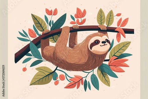 Cute sloth flat illustration created with Generative AI 