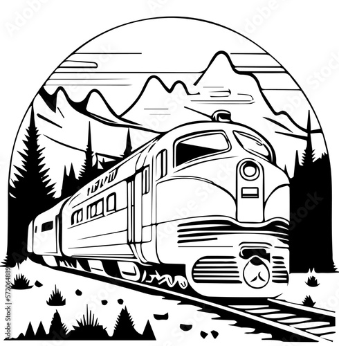 Cartoon image of a train on a background of mountains in black and white style for coloring. Vector illustration