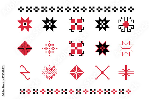 Set of geometric figures of ethnic embroidery. Tribal design. Ukrainian pattern. Ethnic ornament. Cross-stitch. Vector.