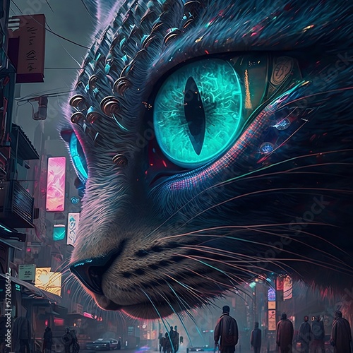 giant cat in tokyo neon AI generated illustration
