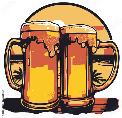 Vector image of two mugs with beer on background of tropical beach and palm trees..