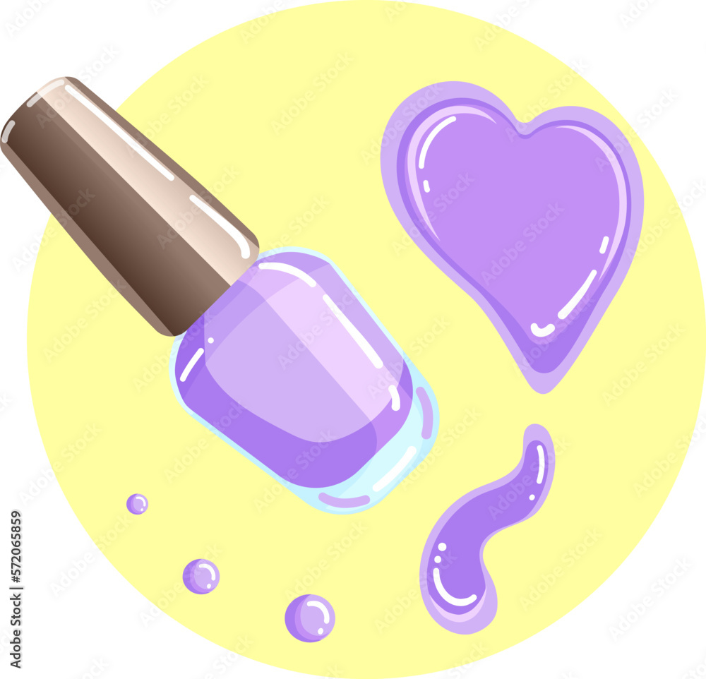 Illustration of a jar of violet nail polish with splash and drops in delicate shades Illustration of a jar of violet nail polish with splash and drops in delicate shades