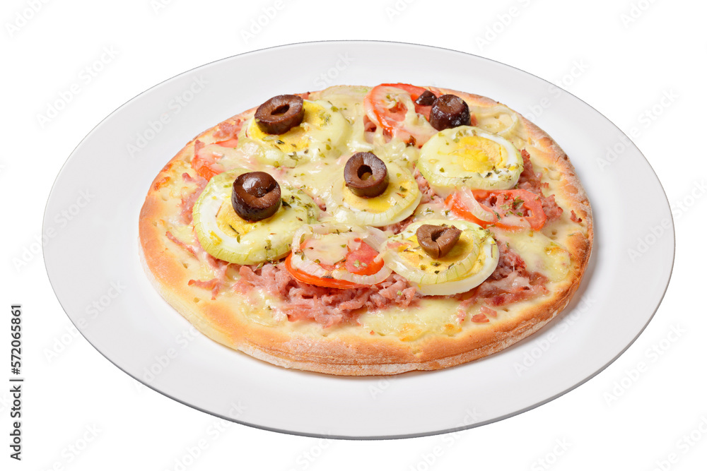 Pizza. Small  portuguese pizza on white plate isolated on transparent background