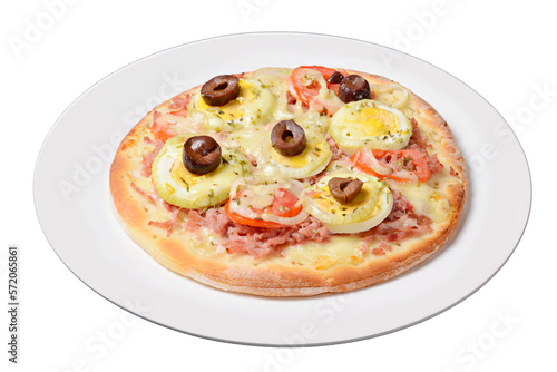 Pizza. Small portuguese pizza on white plate isolated on transparent background