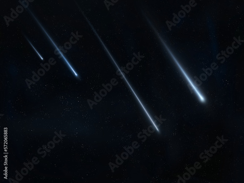 Four glowing meteors in the sky. Meteorites fall to Earth. Shooting stars trails.