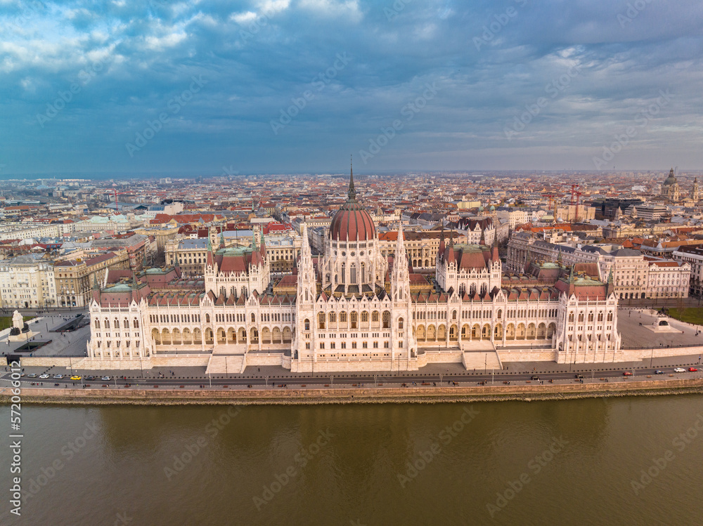 Hungarian Parliament Building. Budapest Cityscape. Drone Point of View. Danube River in Foreground.