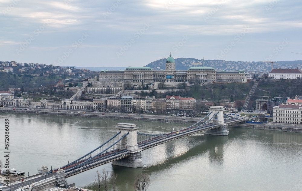 Buda Castle and Szechenyi Chain Bridge in Budapest, Hungary.