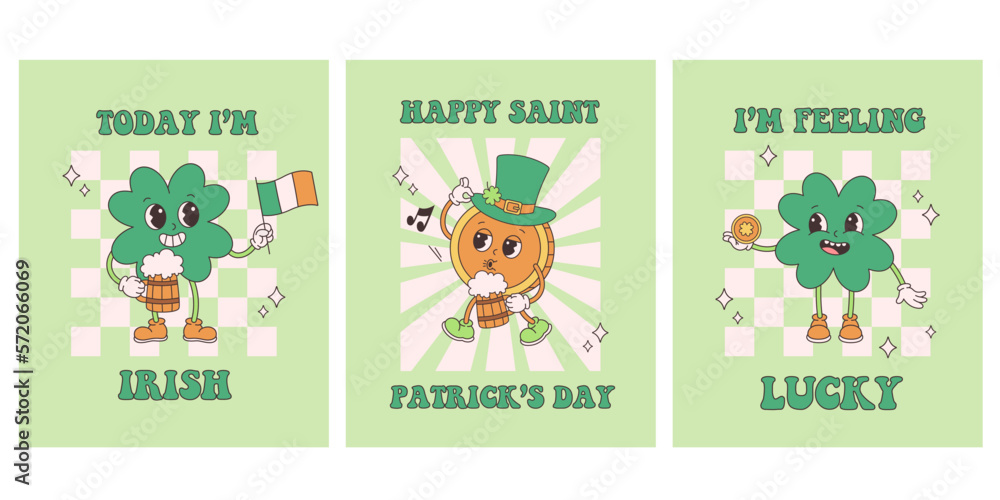 Happy Saint Patricks Day greeting cards. Trendy retro cartoon characters Clover with four leaf and Gold Coin. Groovy style, vintage, 70s 60s aesthetics. Vector illustration