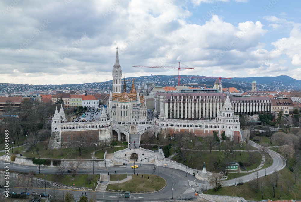 Matthias Church and Fisherman's Bastion in Budapest, Hungary. City Views Point.