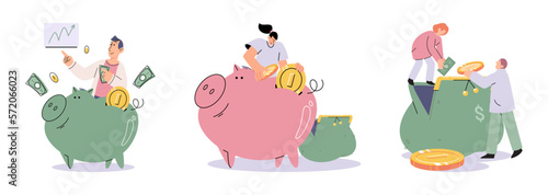 Successful businessman hold piggybank collect dollar coins for good financial investment. Happy person receive profit or income in piggy bank from savings. Invest, finance concept. Personal budget