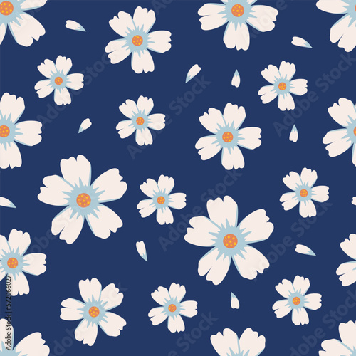 Seamless pattern with delicate white Cosmos Flowers. Floral repeat print. Cosmos bipinnatus Vector illustration