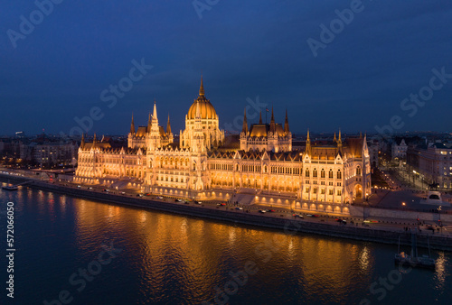 Discover Budapest Landmarks Aerial View of Hungarian Parliament Building and Danube River in Cityscape. Night