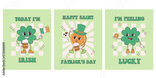 Happy Saint Patricks Day greeting cards. Trendy retro cartoon characters Clover with four leaf and Gold Coin. Groovy style  vintage  70s 60s aesthetics. Vector illustration